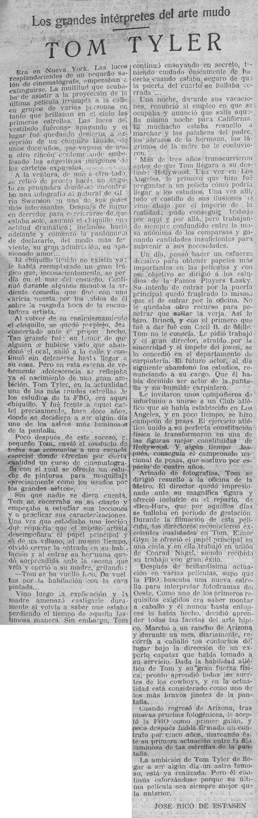 Los grandes interpretes del arte mudo: Tom Tyler Las Provincias, Valencia, Spain, June 2, 1929