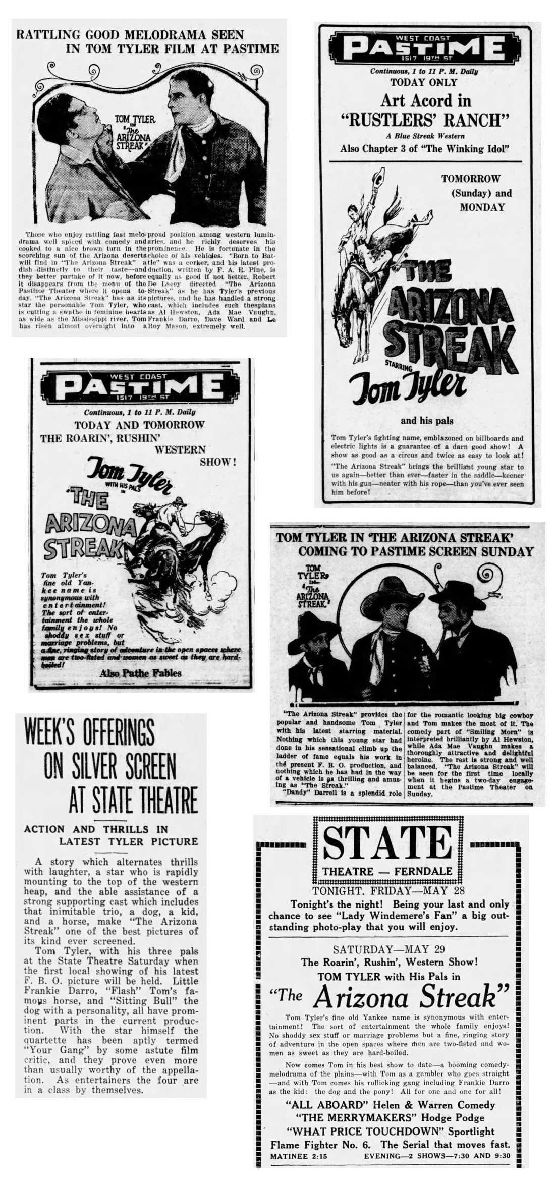 The Arizona Streak pictures cinema ads news items